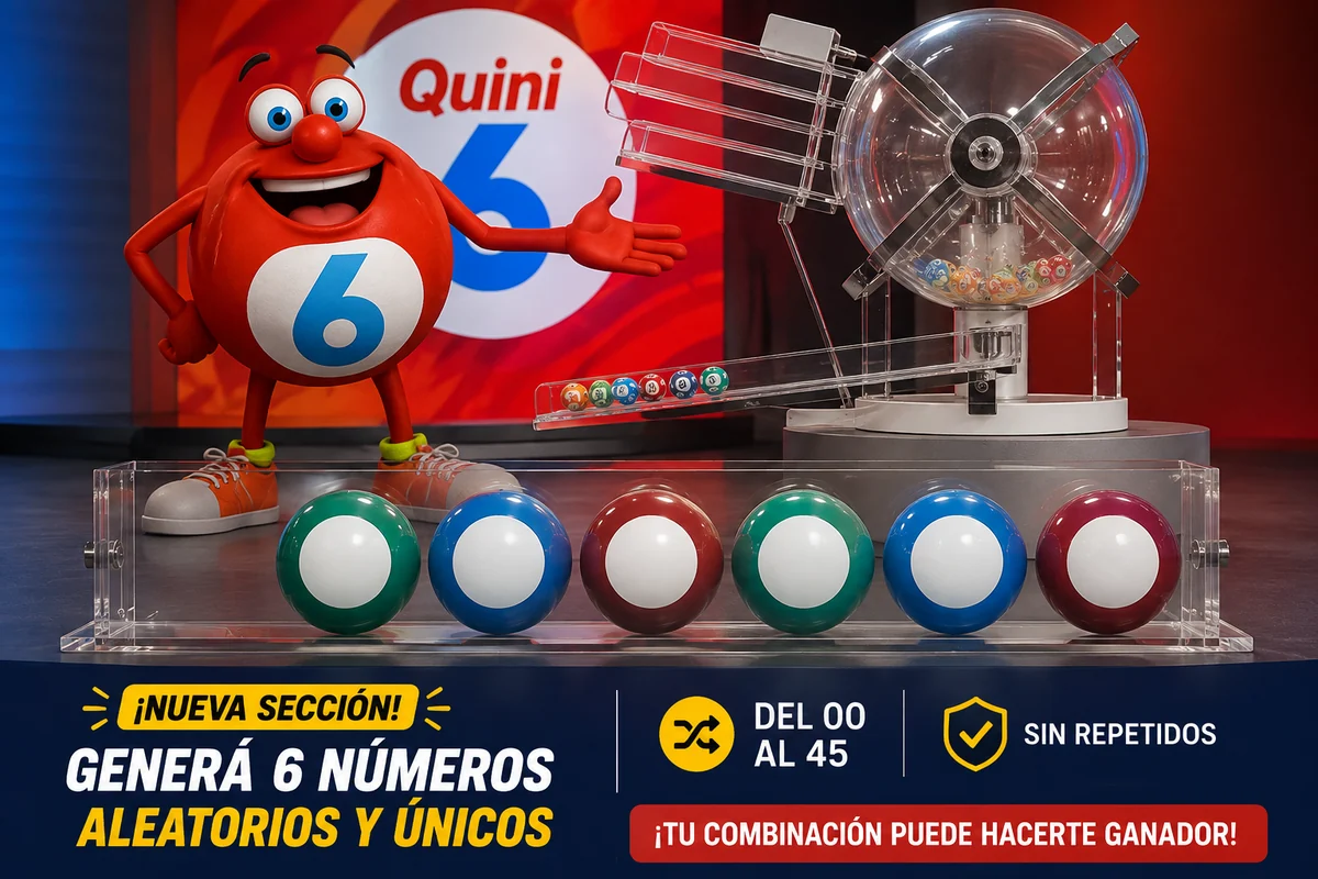 Personaje de Quini 6 junto a un bolillero y seis bolillas sin numeración